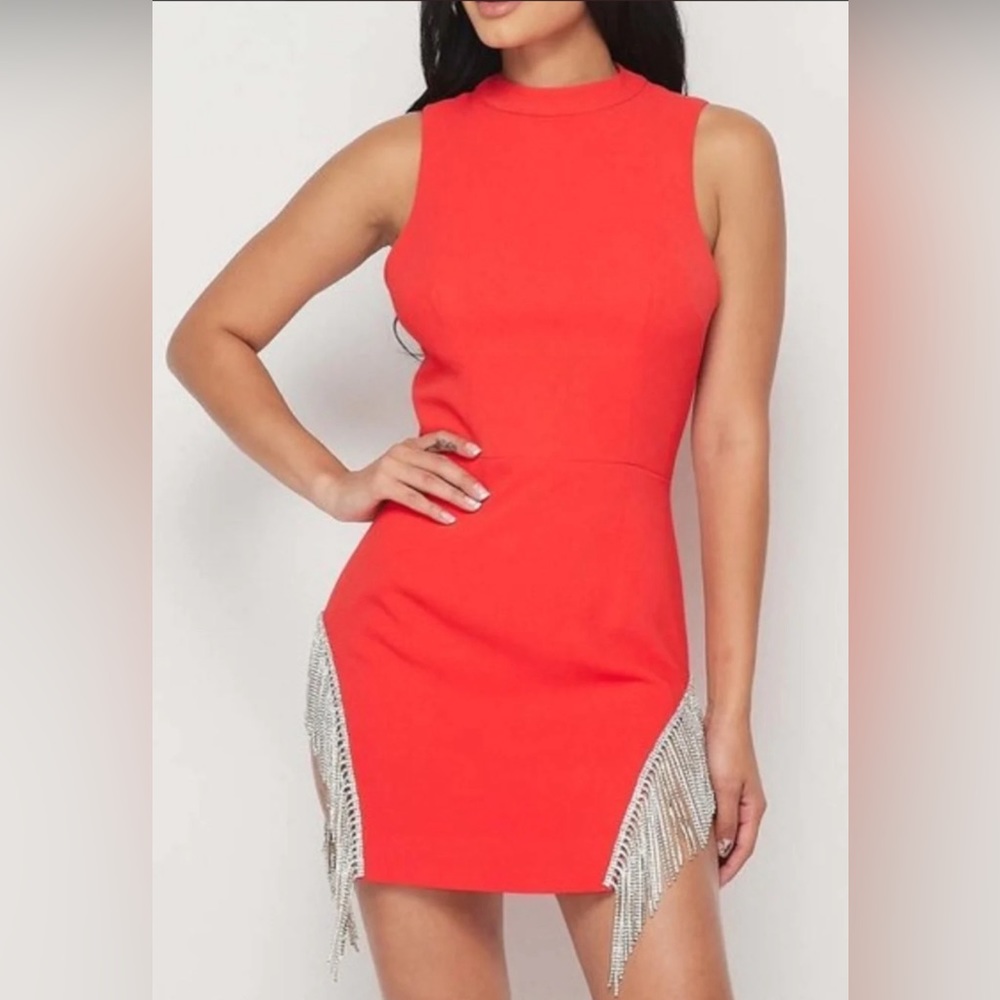 No 1 Los Angeles Size M Red Bandage With Rhinestone Fringe Diamond Tassels Dress